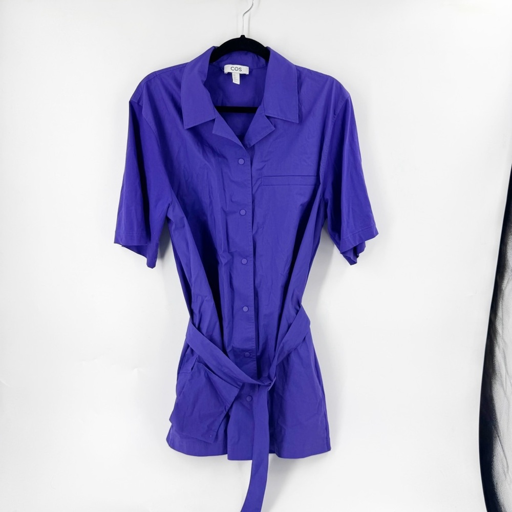 ✅ COS Dress MEDIUM Womens Purple Cotton Snap Front Belted Oversize Shirt Mini